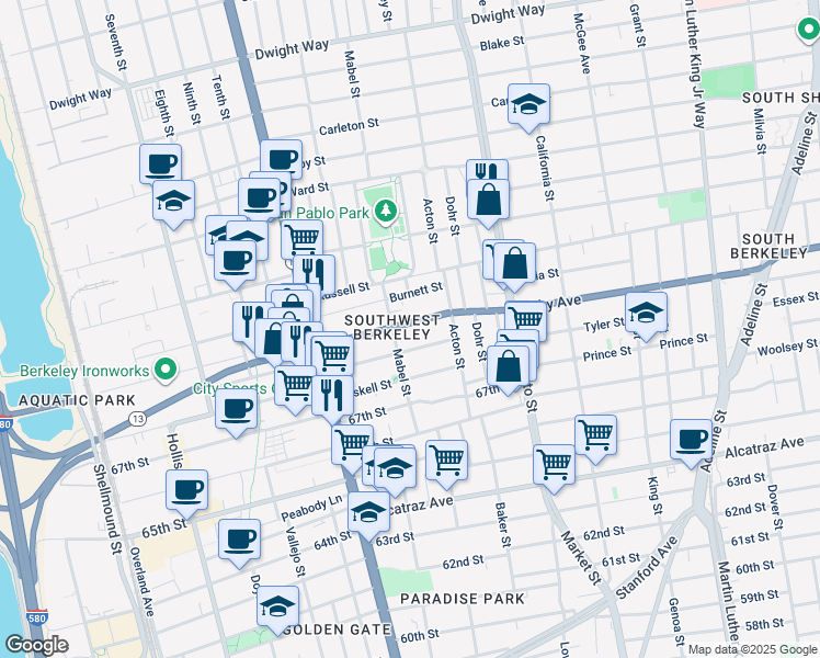 map of restaurants, bars, coffee shops, grocery stores, and more near 1309 Carrison Street in Berkeley