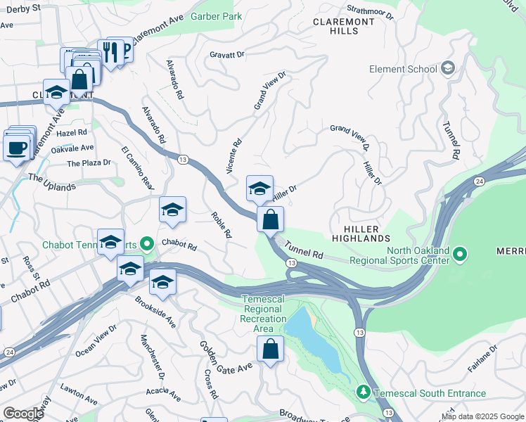 map of restaurants, bars, coffee shops, grocery stores, and more near 1 Hiller Drive in Oakland