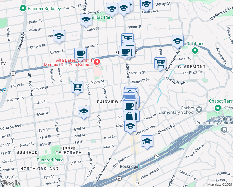 map of restaurants, bars, coffee shops, grocery stores, and more near 6442 Hillegass Avenue in Oakland