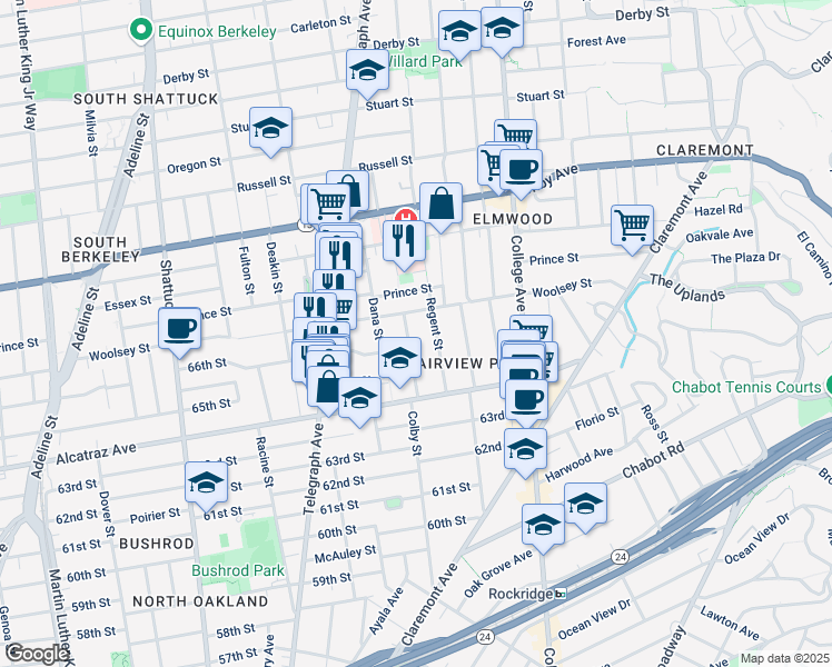 map of restaurants, bars, coffee shops, grocery stores, and more near in Oakland