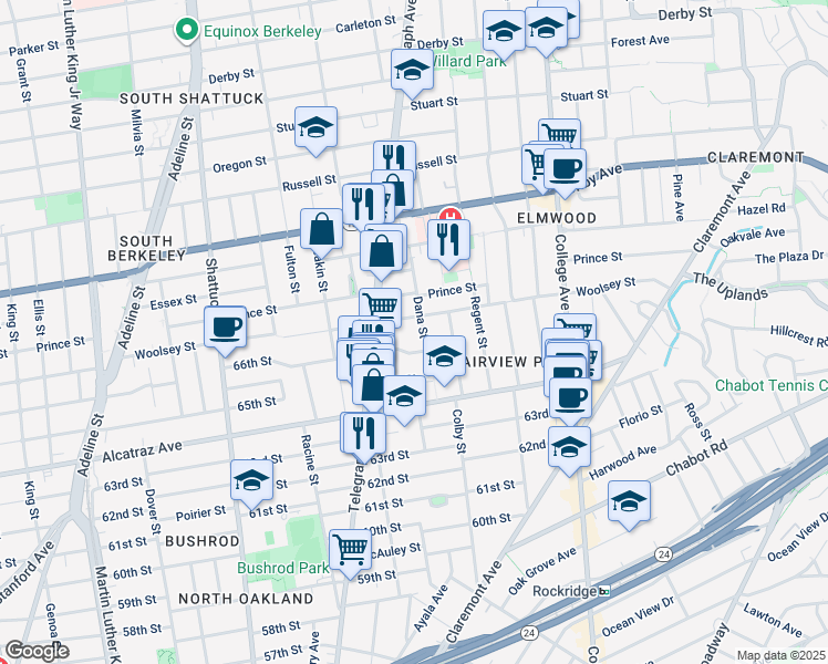 map of restaurants, bars, coffee shops, grocery stores, and more near 2360 Woolsey Street in Berkeley