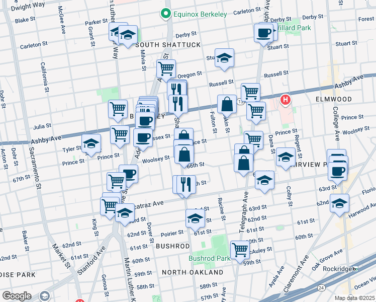 map of restaurants, bars, coffee shops, grocery stores, and more near 2122 Woolsey Street in Berkeley