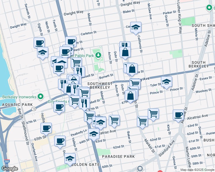 map of restaurants, bars, coffee shops, grocery stores, and more near 1309 Carrison Street in Berkeley