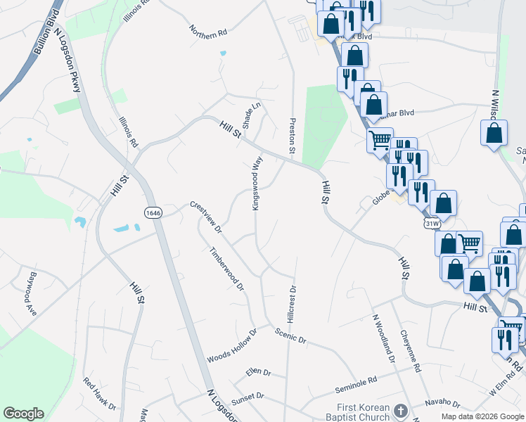 map of restaurants, bars, coffee shops, grocery stores, and more near 1413 Kingswood Way in Radcliff