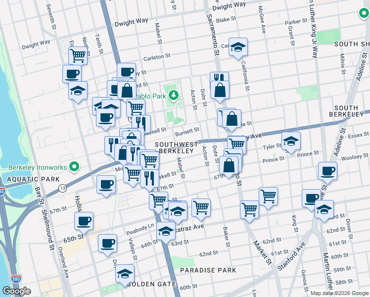 map of restaurants, bars, coffee shops, grocery stores, and more near 1314 Ashby Avenue in Berkeley