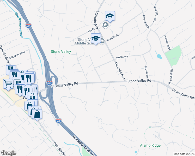 map of restaurants, bars, coffee shops, grocery stores, and more near 115 Angela Avenue in Alamo