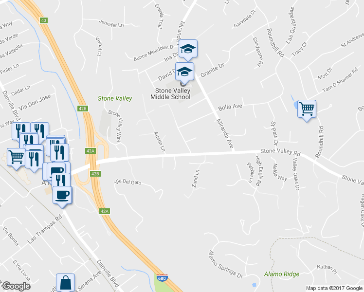 map of restaurants, bars, coffee shops, grocery stores, and more near 115 Angela Avenue in Alamo