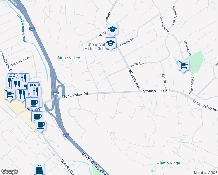map of restaurants, bars, coffee shops, grocery stores, and more near 115 Angela Avenue in Alamo