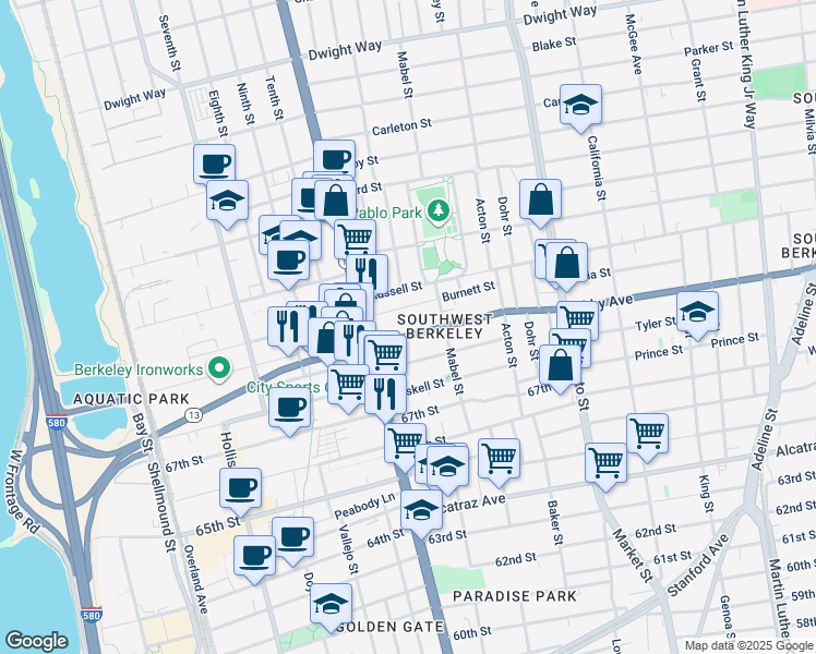 map of restaurants, bars, coffee shops, grocery stores, and more near 1237 Ashby Avenue in Berkeley