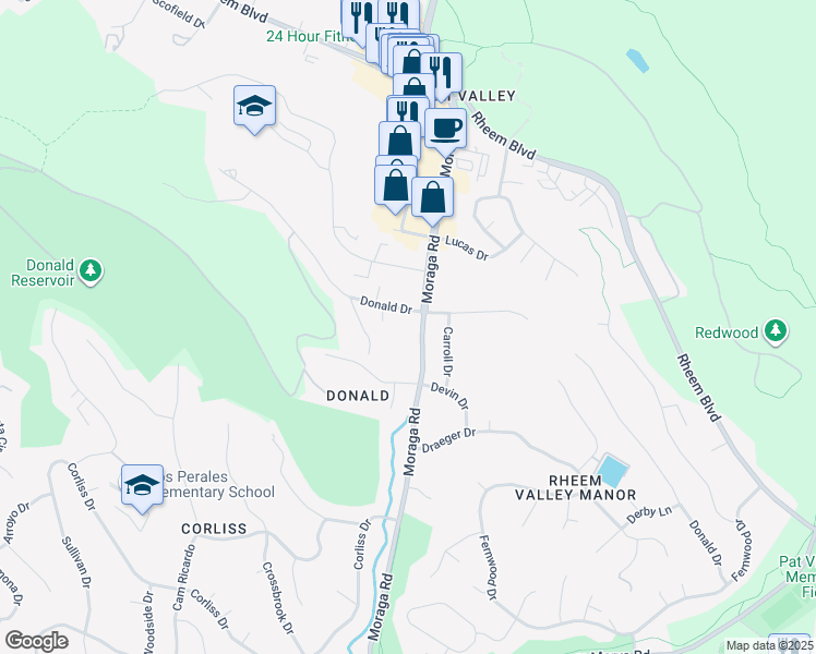 map of restaurants, bars, coffee shops, grocery stores, and more near 680 Moraga Road in Moraga