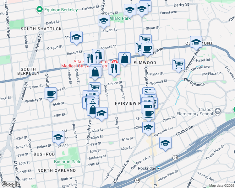 map of restaurants, bars, coffee shops, grocery stores, and more near in Oakland