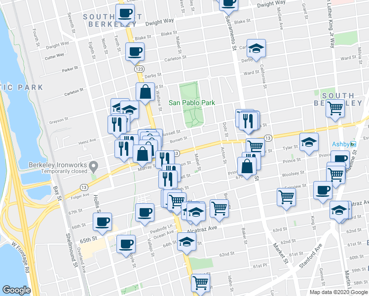 map of restaurants, bars, coffee shops, grocery stores, and more near 1246 Ashby Avenue in Berkeley