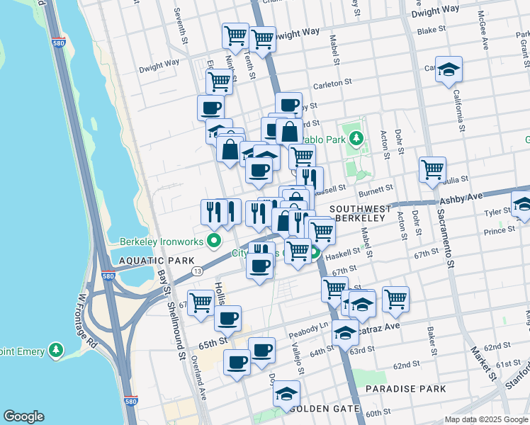 map of restaurants, bars, coffee shops, grocery stores, and more near 2909 Ninth Street in Berkeley