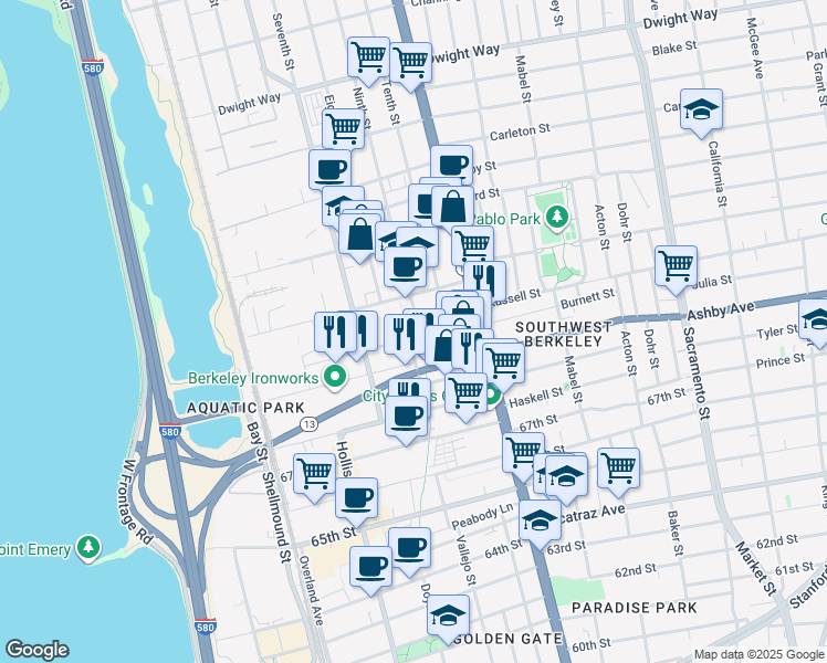 map of restaurants, bars, coffee shops, grocery stores, and more near 1001 Ashby Avenue in Berkeley