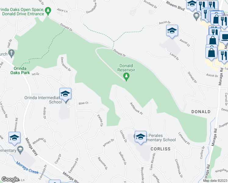 map of restaurants, bars, coffee shops, grocery stores, and more near 145 Warfield Drive in Moraga