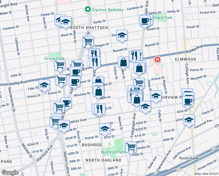 map of restaurants, bars, coffee shops, grocery stores, and more near 2143 Woolsey Street in Berkeley