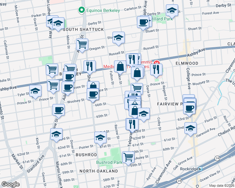 map of restaurants, bars, coffee shops, grocery stores, and more near 2233 Woolsey Street in Berkeley