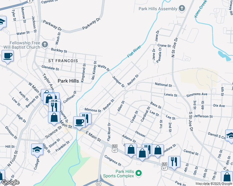 map of restaurants, bars, coffee shops, grocery stores, and more near 303 Reuter Street in Park Hills