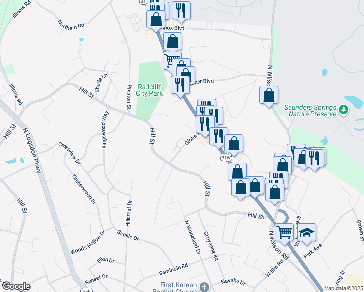 map of restaurants, bars, coffee shops, grocery stores, and more near 238 Globe Street in Radcliff
