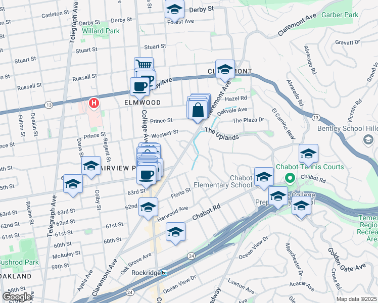 map of restaurants, bars, coffee shops, grocery stores, and more near 1 Brookside Avenue in Berkeley