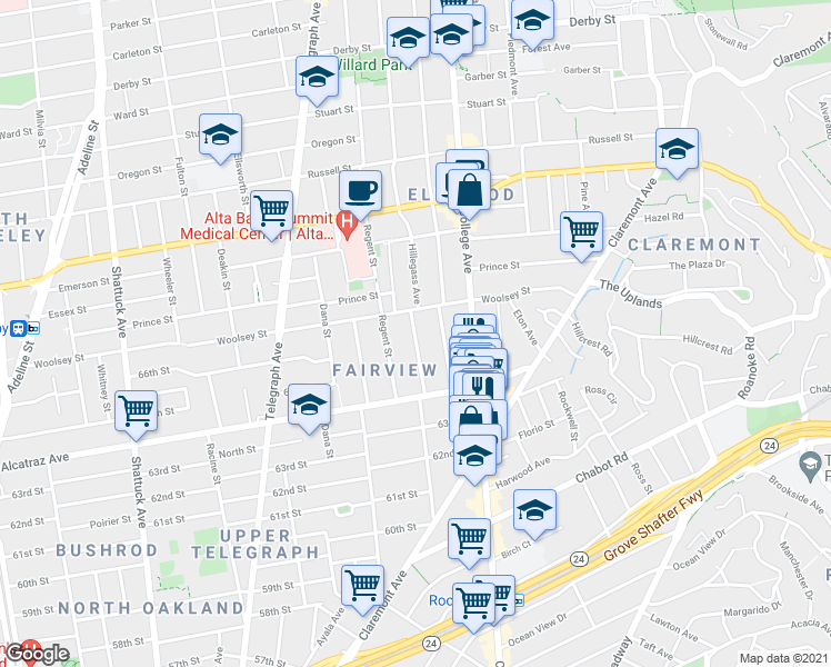map of restaurants, bars, coffee shops, grocery stores, and more near 6454 Hillegass Avenue in Oakland