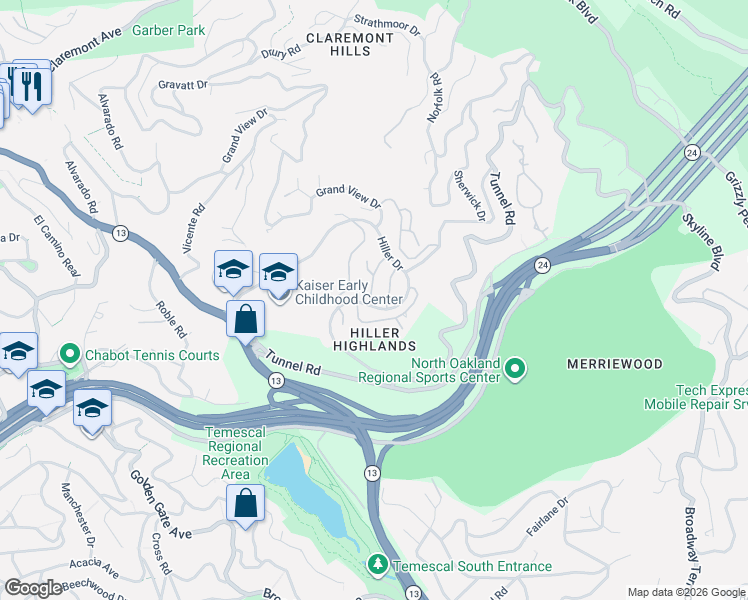 map of restaurants, bars, coffee shops, grocery stores, and more near 37 Binnacle Hill in Oakland