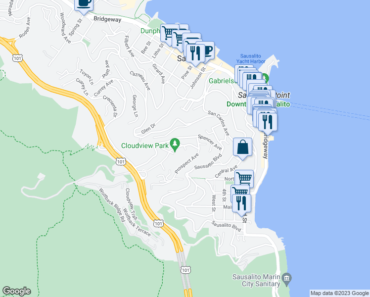 map of restaurants, bars, coffee shops, grocery stores, and more near 16 Cloud View Circle in Sausalito