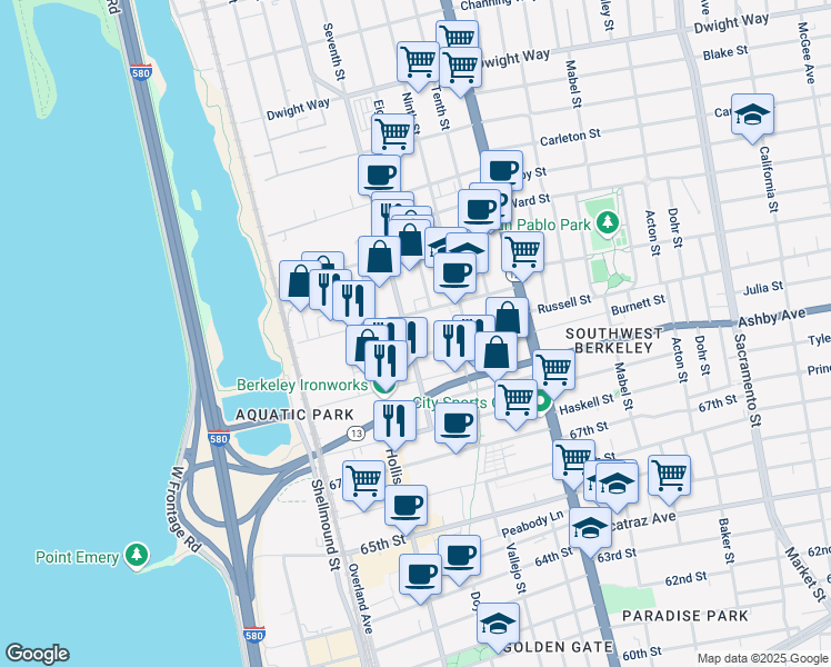 map of restaurants, bars, coffee shops, grocery stores, and more near 2910 7th St in Berkeley