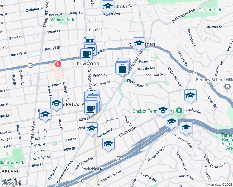 map of restaurants, bars, coffee shops, grocery stores, and more near 1 Brookside Avenue in Berkeley