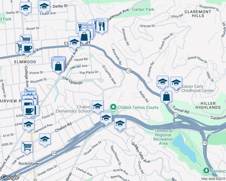 map of restaurants, bars, coffee shops, grocery stores, and more near 204 El Camino Real in Berkeley