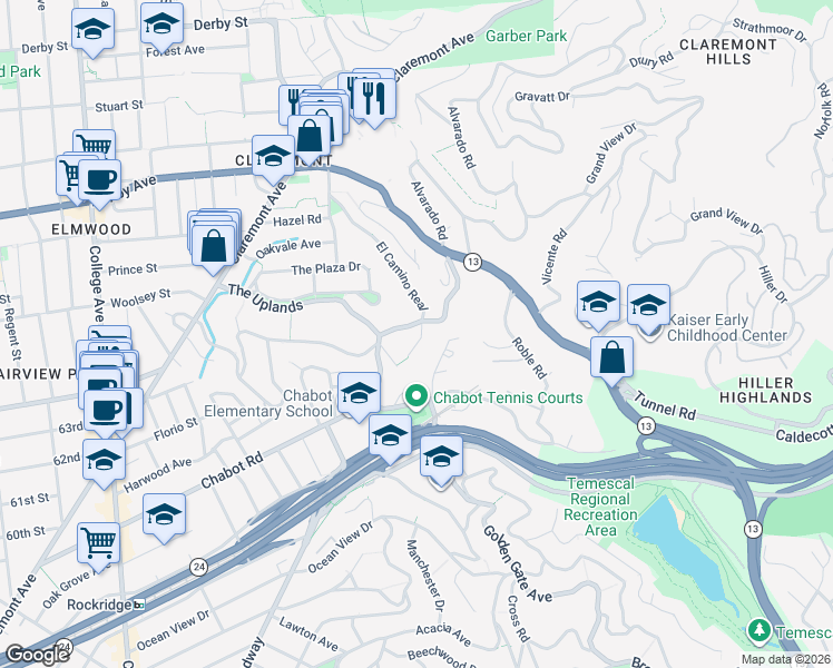 map of restaurants, bars, coffee shops, grocery stores, and more near 204 El Camino Real in Berkeley