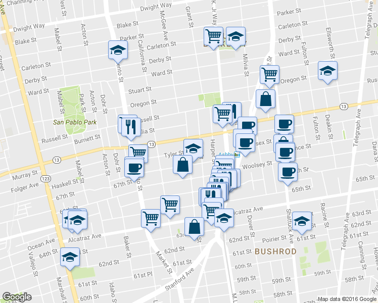 map of restaurants, bars, coffee shops, grocery stores, and more near King St & Tyler St in Berkeley
