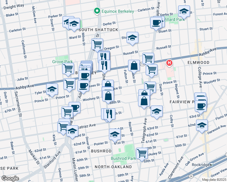 map of restaurants, bars, coffee shops, grocery stores, and more near 2122 Woolsey Street in Berkeley