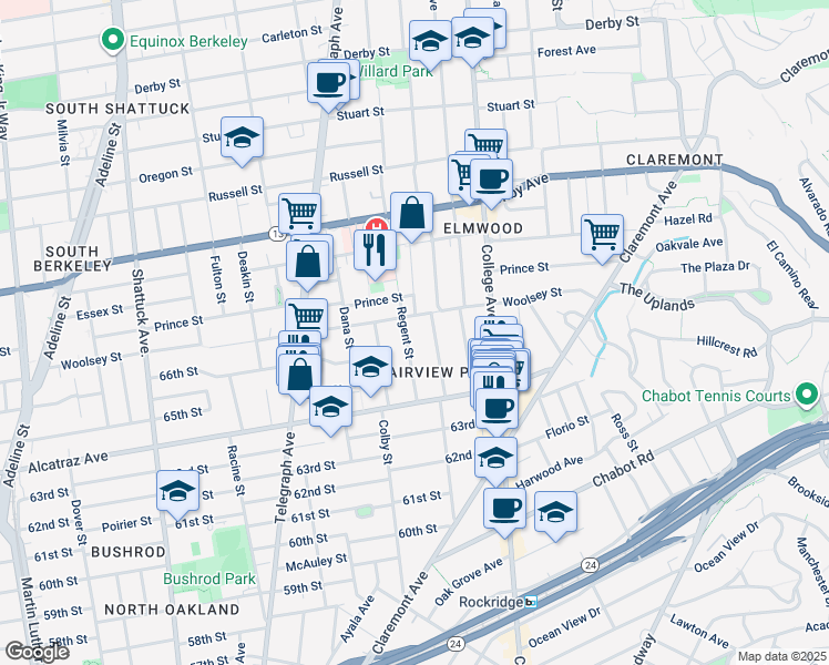 map of restaurants, bars, coffee shops, grocery stores, and more near 6445 Regent Street in Oakland