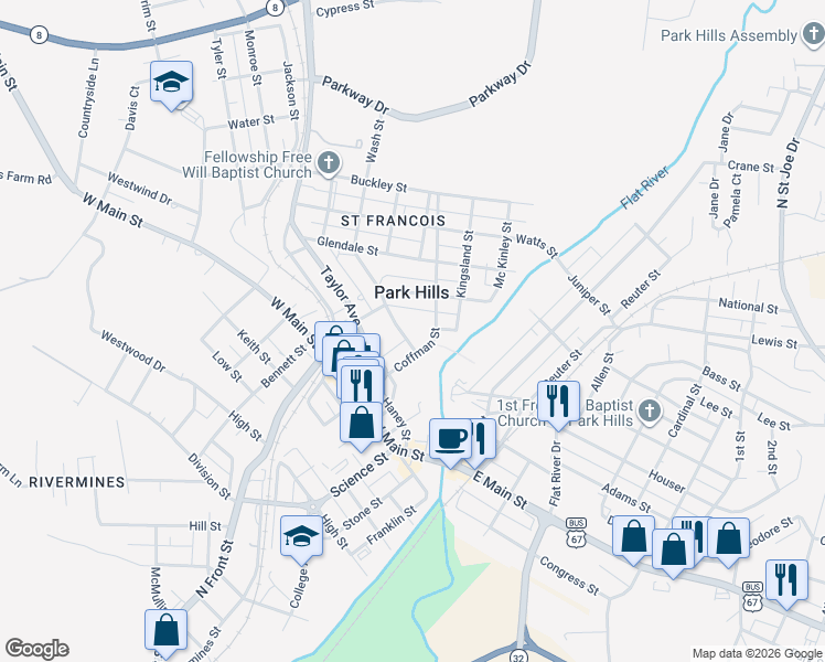 map of restaurants, bars, coffee shops, grocery stores, and more near 203 Coffman Street in Park Hills
