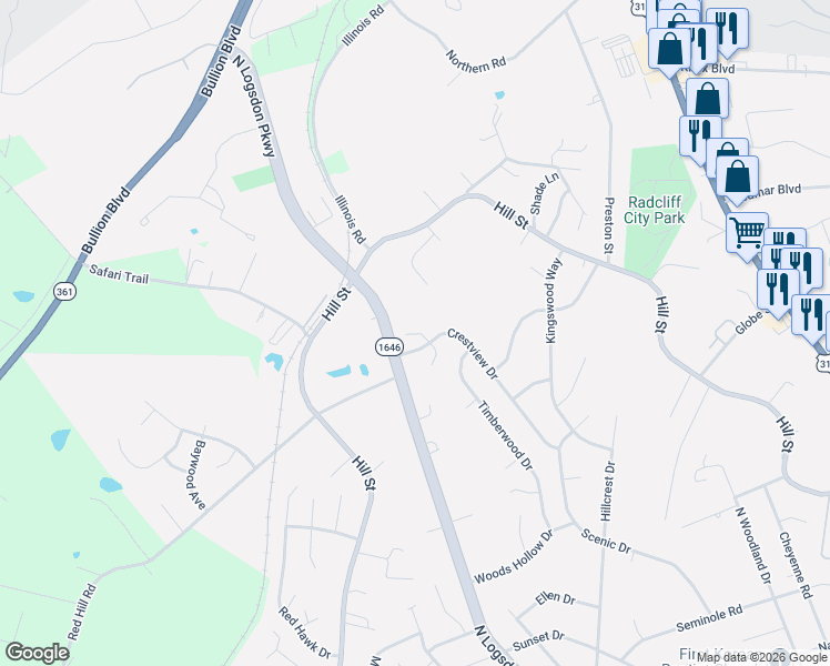map of restaurants, bars, coffee shops, grocery stores, and more near 1367 Darlene Court in Radcliff