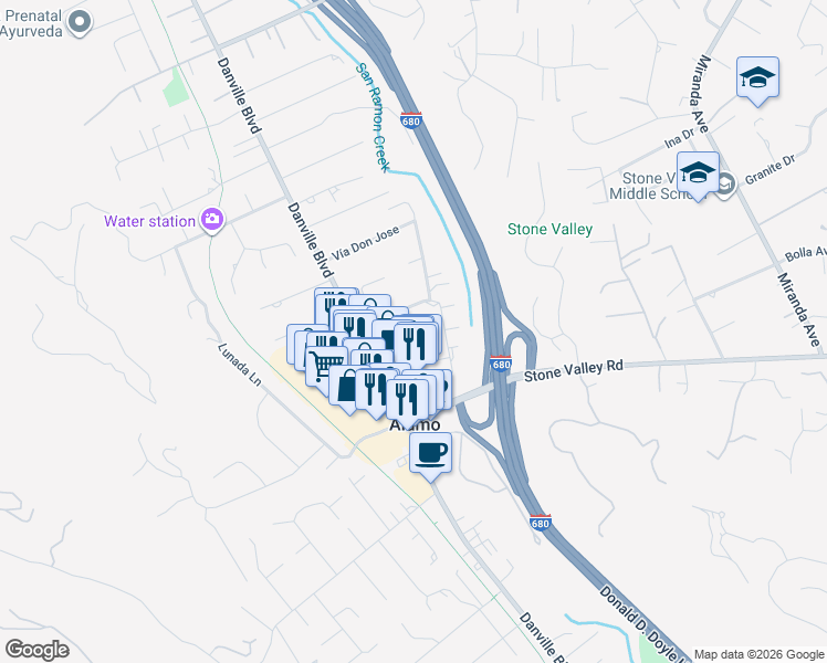 map of restaurants, bars, coffee shops, grocery stores, and more near 72 Orchard Court in Alamo