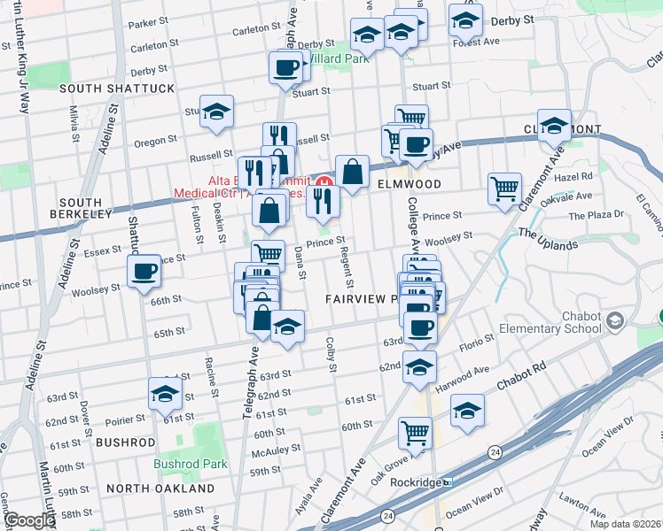 map of restaurants, bars, coffee shops, grocery stores, and more near in Oakland