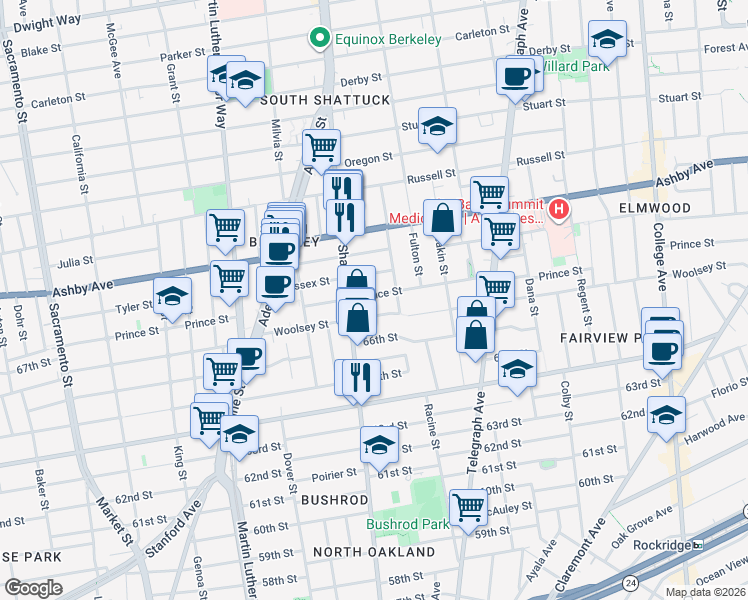 map of restaurants, bars, coffee shops, grocery stores, and more near 2122 Woolsey Street in Berkeley