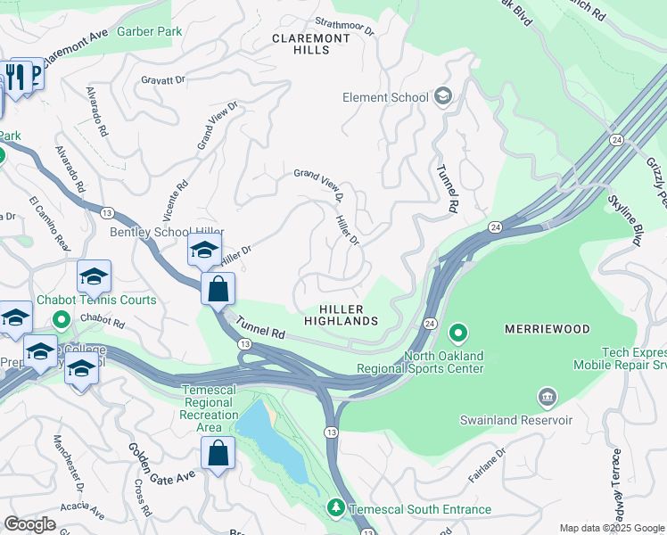 map of restaurants, bars, coffee shops, grocery stores, and more near 33 Binnacle Hill in Oakland