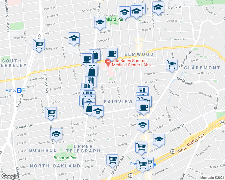 map of restaurants, bars, coffee shops, grocery stores, and more near in Oakland