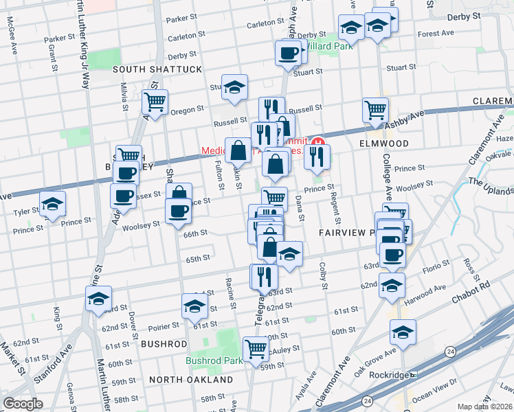 map of restaurants, bars, coffee shops, grocery stores, and more near in Oakland