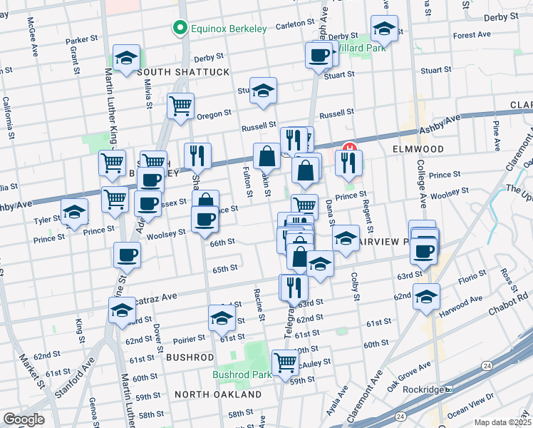 map of restaurants, bars, coffee shops, grocery stores, and more near 6635 Deakin Street in Oakland