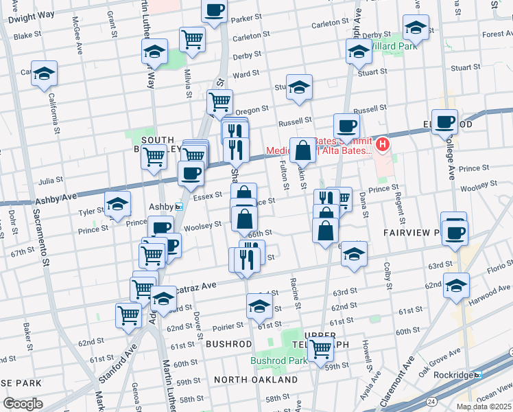 map of restaurants, bars, coffee shops, grocery stores, and more near 2122 Woolsey Street in Berkeley