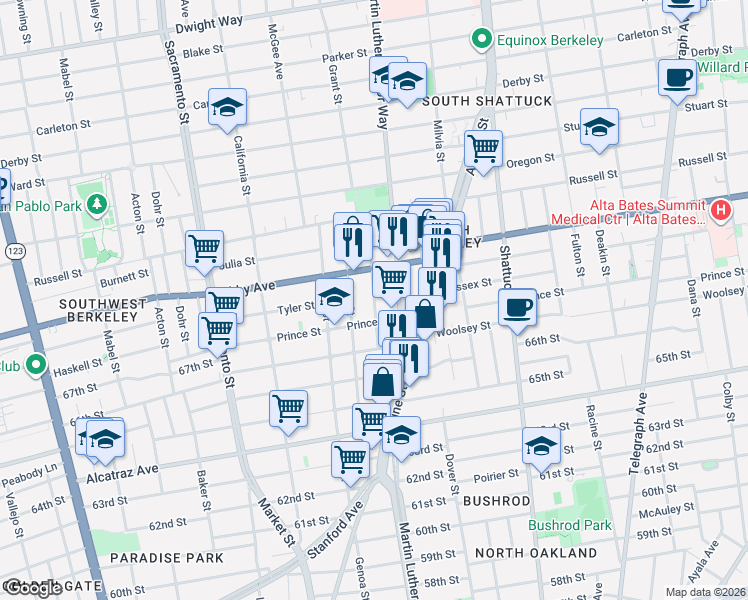 map of restaurants, bars, coffee shops, grocery stores, and more near 1811 Prince Street in Berkeley