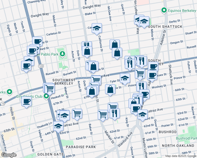 map of restaurants, bars, coffee shops, grocery stores, and more near 1507 Tyler Street in Berkeley