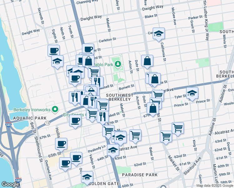 map of restaurants, bars, coffee shops, grocery stores, and more near 1246 Ashby Avenue in Berkeley