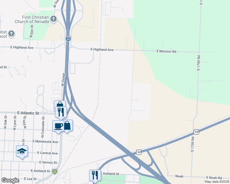 map of restaurants, bars, coffee shops, grocery stores, and more near 1516 East Locust Street in Nevada