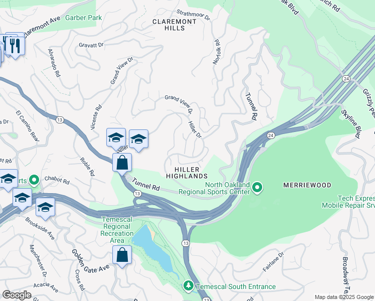 map of restaurants, bars, coffee shops, grocery stores, and more near 33 Binnacle Hill in Oakland