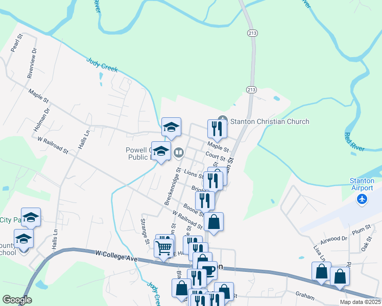 map of restaurants, bars, coffee shops, grocery stores, and more near 525 Washington Street in Stanton